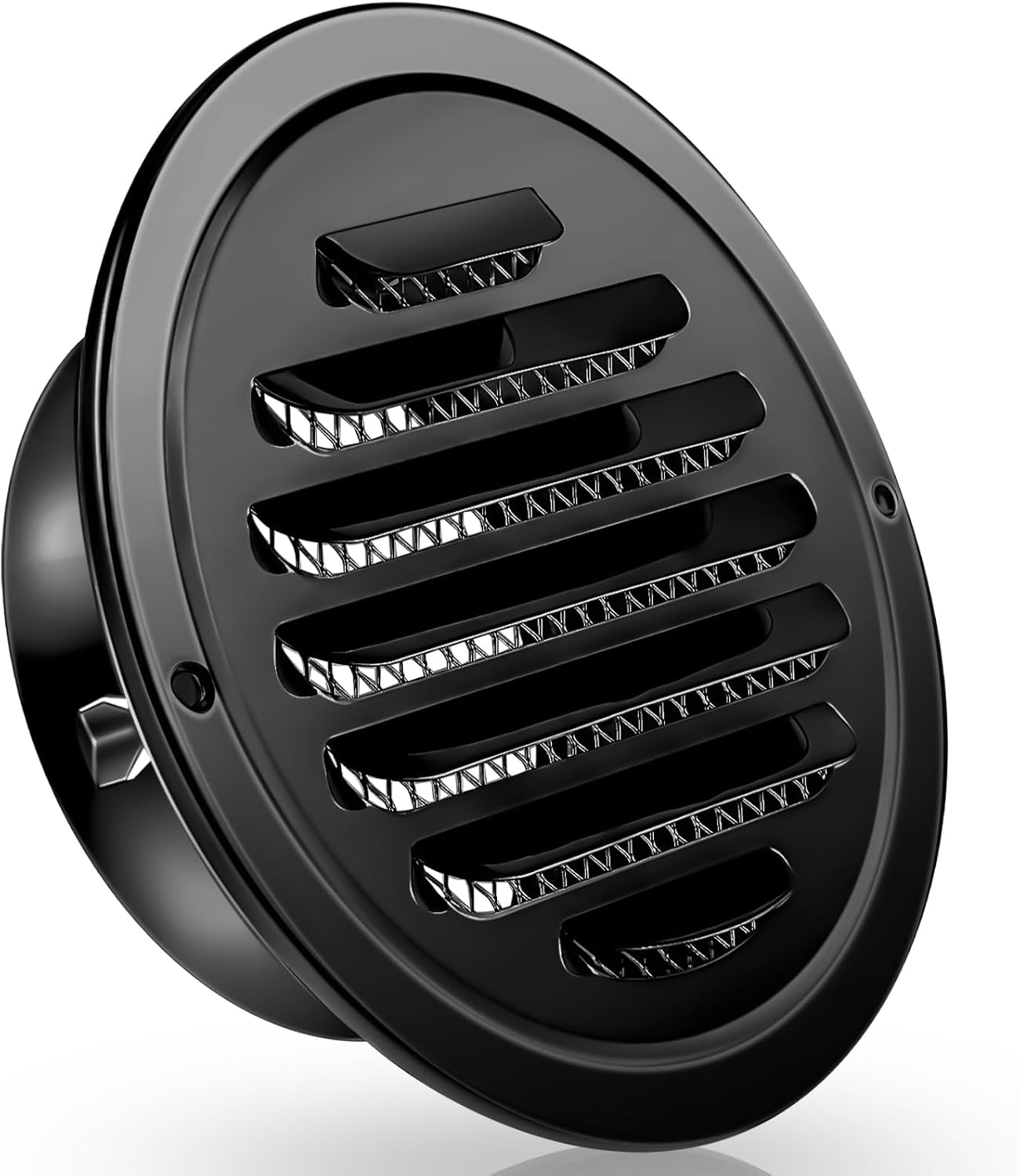 Okrągła kratka wentylacyjna ze stali nierdzewnej z siatką, 200 mm, lakierowana na czarno.