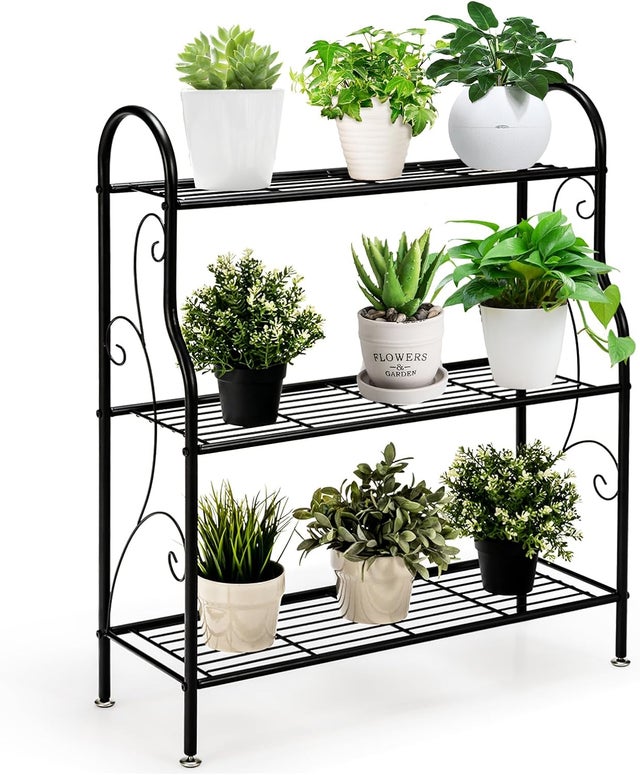 3 Niveaux Support pour Plantes en Métal, Étagère en Fer Imperméable pour Utilisation Intérieure et Extérieure, Noir