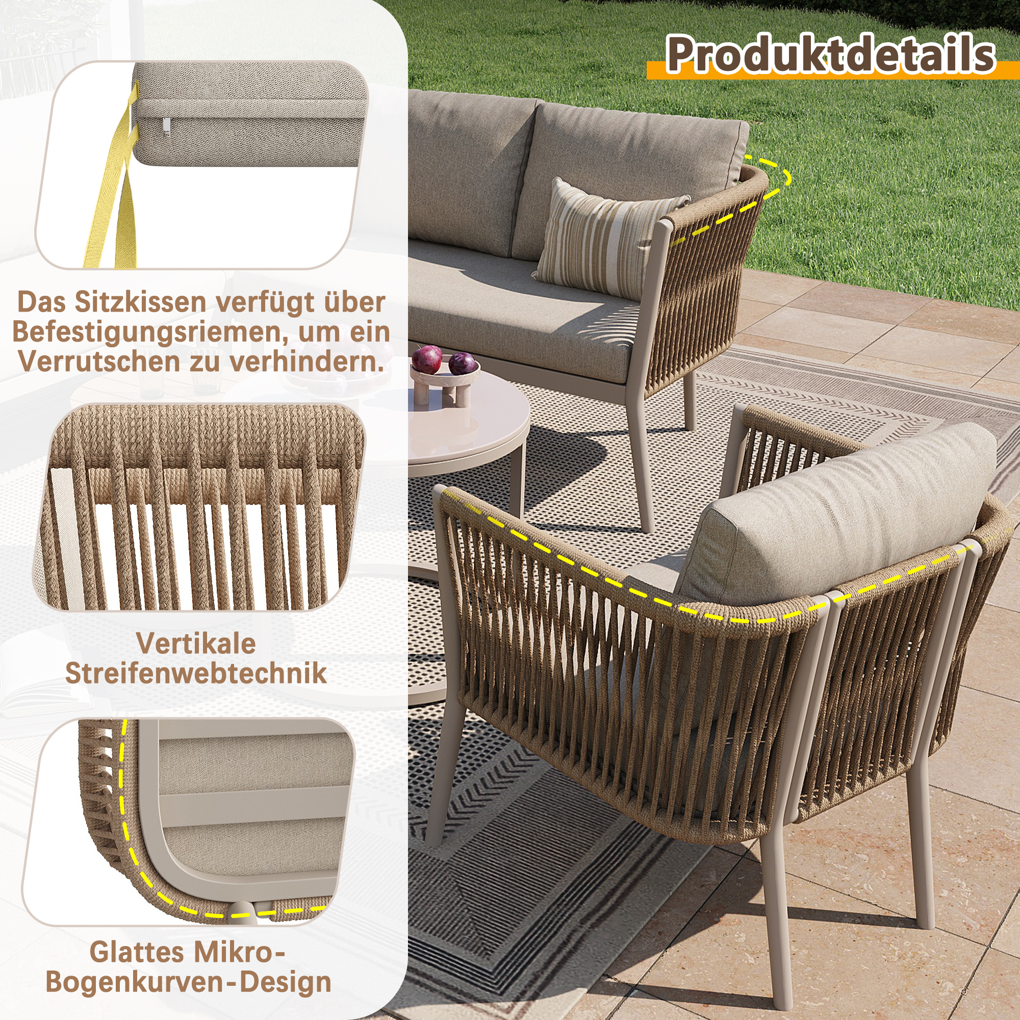 Salon bas de jardin en Métal Beige 6 personnes - 8