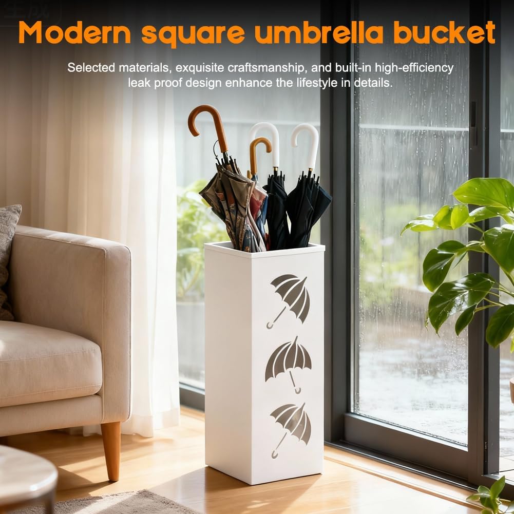Porte-parapluie, en métal, carré, étanche et antirouille, avec bac d'égouttement amovible pour la maison, le bureau, l'entrée (blanc) - 5