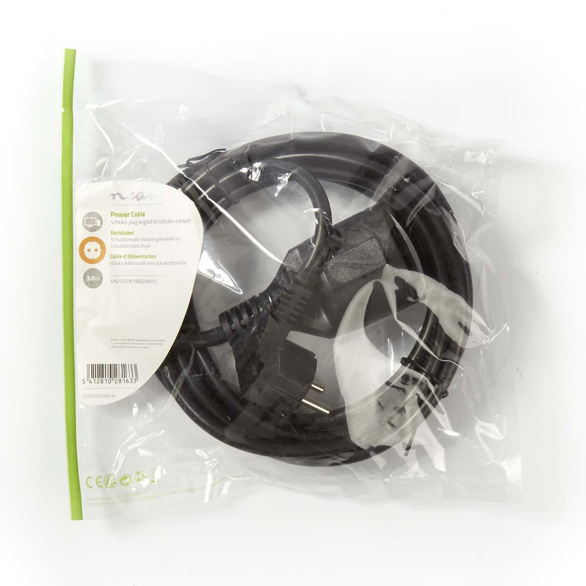 NEDIS Câble d'Alimentation Schuko Mâle Coudé - Schuko Femelle 3,0 m Noir - 3