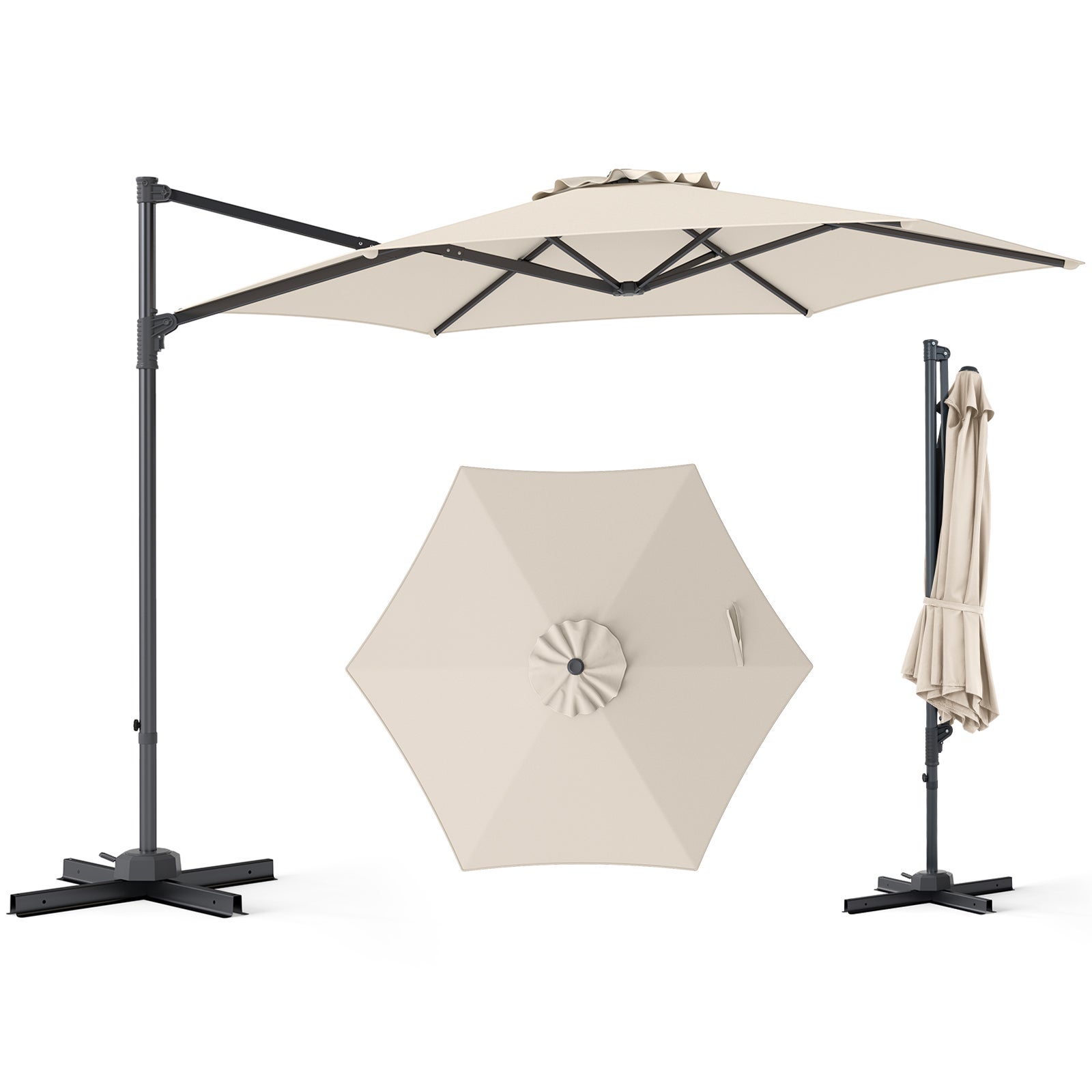 Umbrelă de grădină pentru exterior, umbrelă hexagonală cu braț lateral și rotație la 360°, soclu în formă cruce, detașabilă, protecție solară, bej