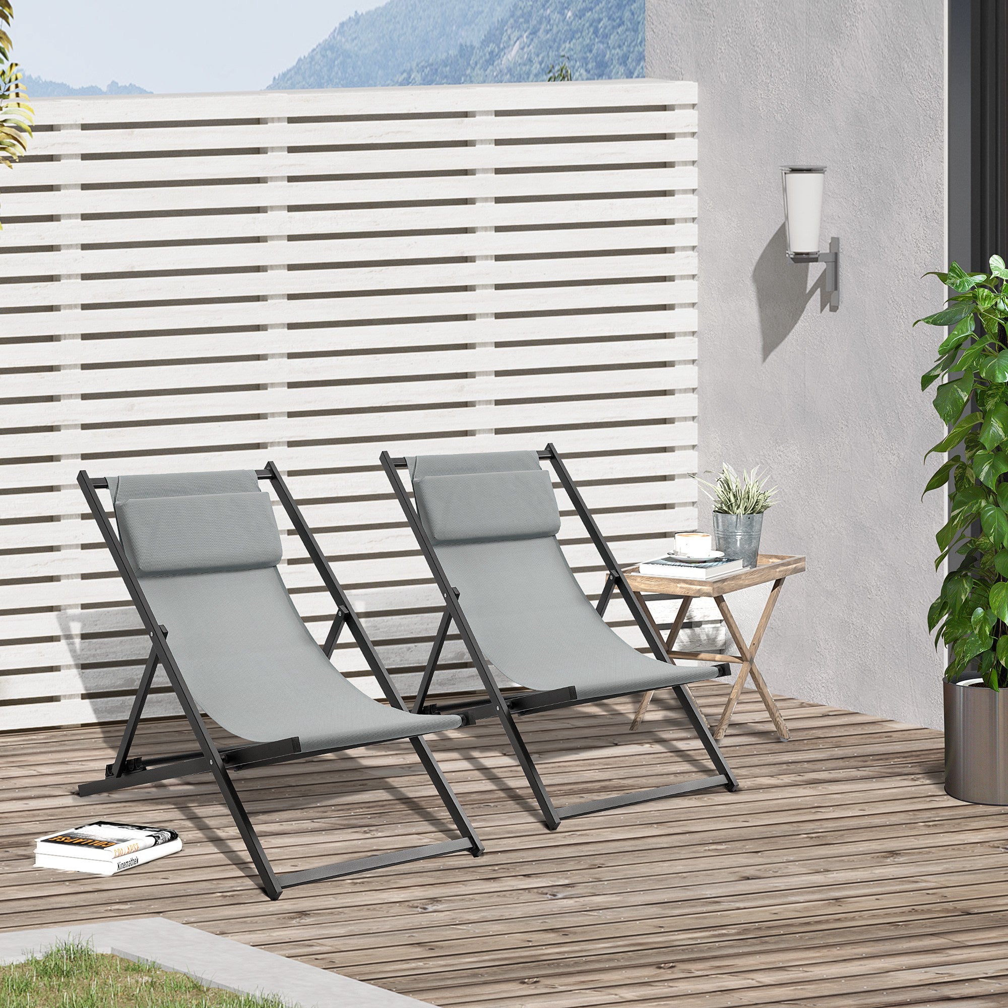 Espreguiçadeiras Dobráveis Outsunny Cinzento Alumínio e Textilene 58x96,5x91,5cm - 2