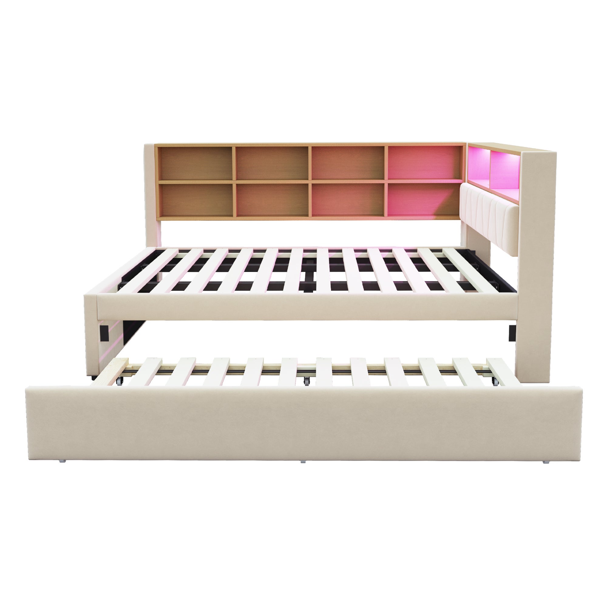 Divano letto 140x200cm 90x190cm Multifunzione LED prese ampio spazio flanella beige (Senza materasso) - 5