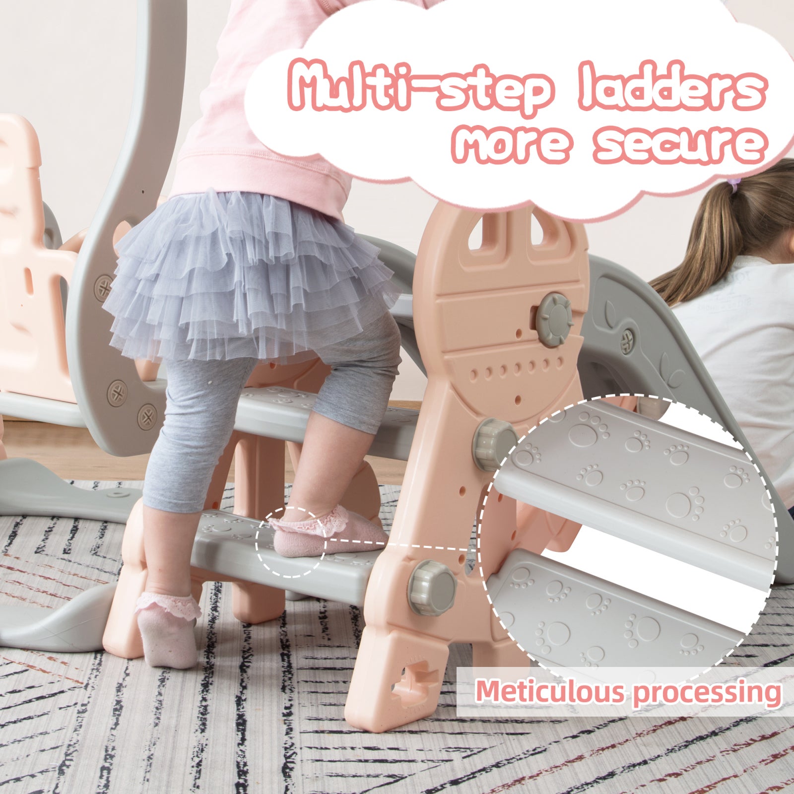 Toboggan pour Enfant 4 en 1 avec Panier de Basket,Enfant Balançoire Toboggans, échelle d'escalade, Aire de Jeux Intérieure et Extérieure, Rose - 4