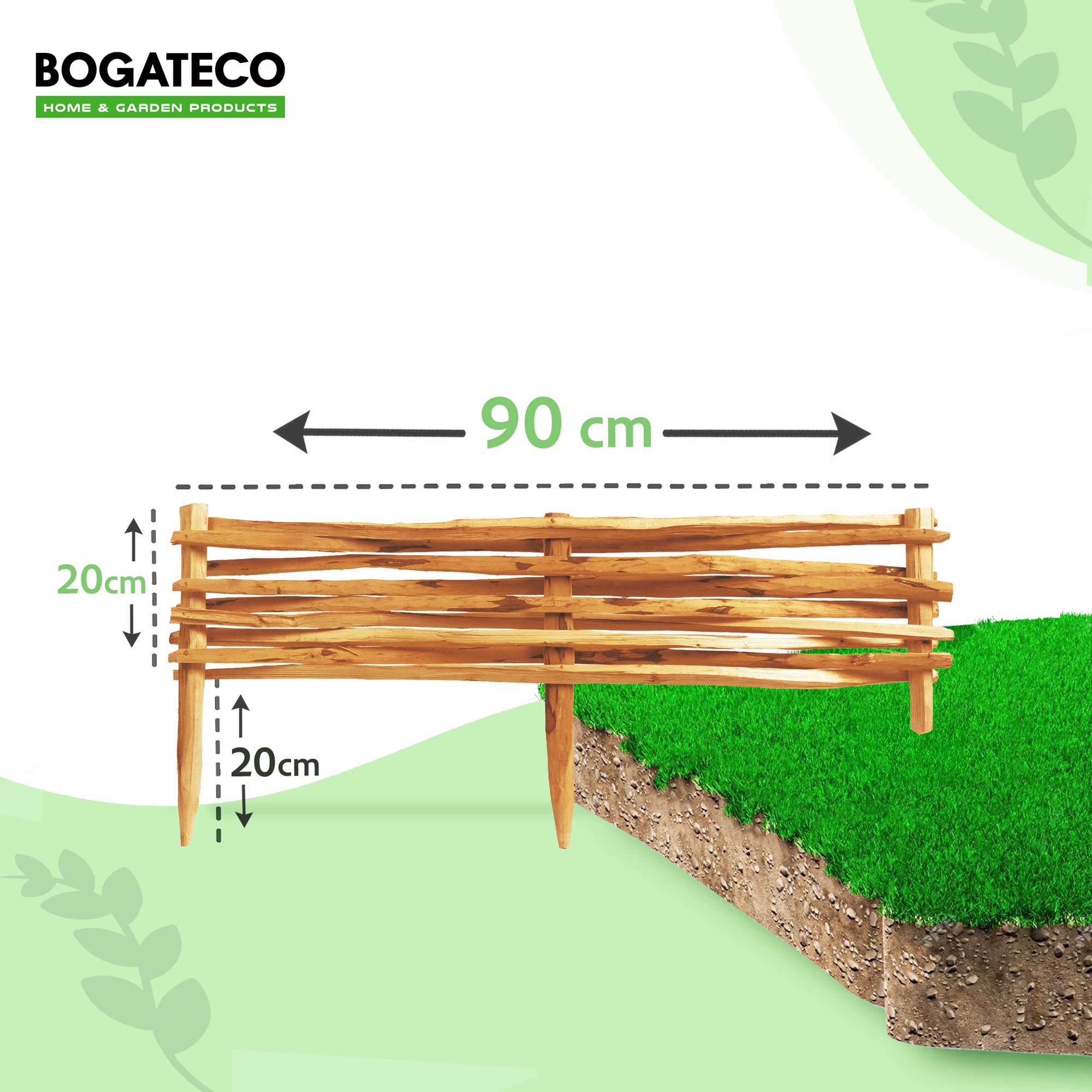 BOGATECO Lot de 3 Bordures de Jardin en Noisetier Brun - Longueur 90 cm - Hauteur 20 cm - Clôture à Planter Imprégnée - Support de Parterre - 2