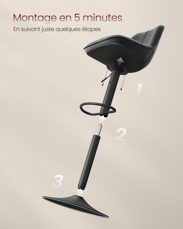 Lot de 2 Tabourets de Bar, Pivotants, Réglables en Hauteur, Dossier Ergonomique, Velours,Modernes, pour Îlot de Cuisine, Bar, Gris Anthracite - 7