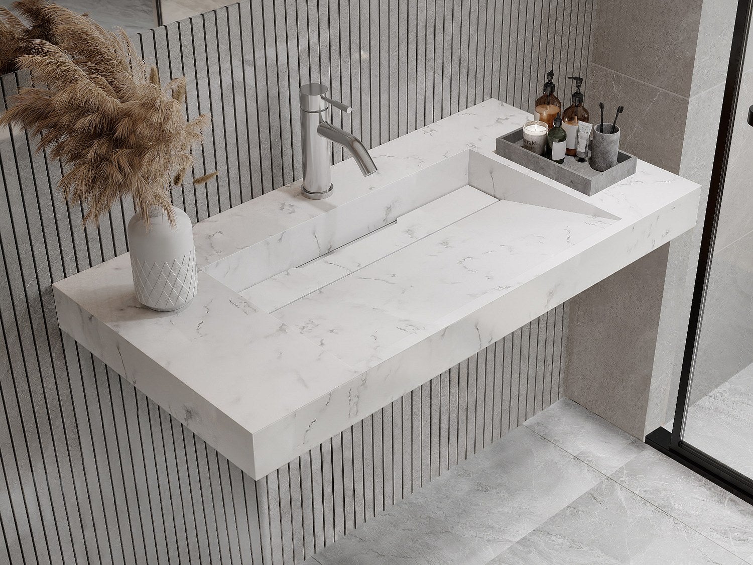 Umywalka wisząca solid surface biała - szer. 90,2 x gł. 45,2 x wys. 8 cm - TAKOTNA