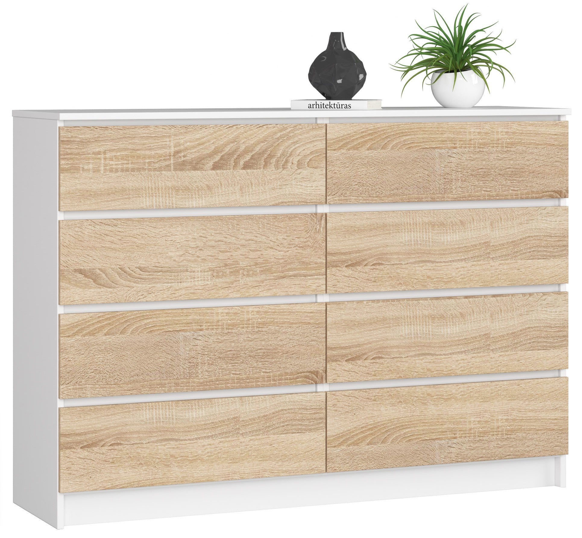 Komoda AKORD K140 Biała 138 cm 8 szuflad kolor Dąb Sonoma mat 138x40x99 cm