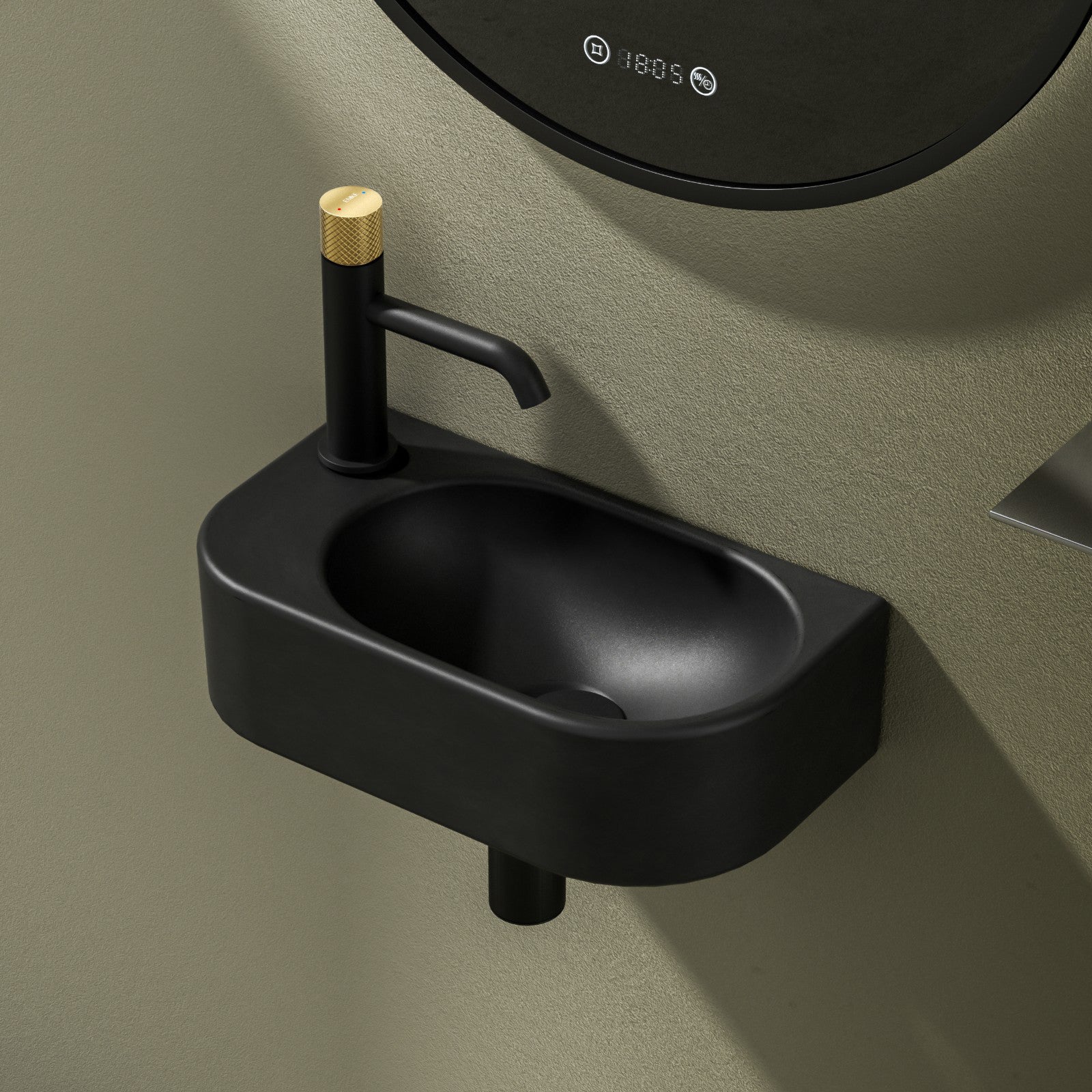 EMKE Umywalka ceramiczna 40x21,5x12 cm, Umywalka ścienna Compacto, otwór na lewy kran, Matowa Czerń