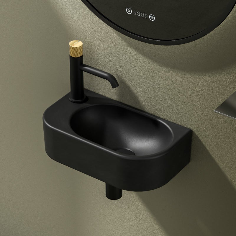 EMKE Umywalka ceramiczna 40x21,5x12 cm, Umywalka ścienna Compacto, otwór na lewy kran, Matowa Czerń