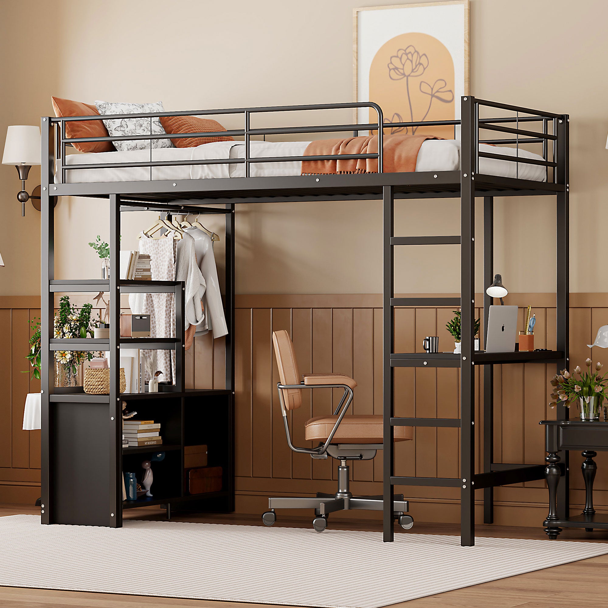 Lit Mezzanine 90x200 cm , Lit Mezzanine Ado avec Bureau et Rangement Ouvert , Sans Matelas , Métal + MDF , Noir | Leroy Merlin