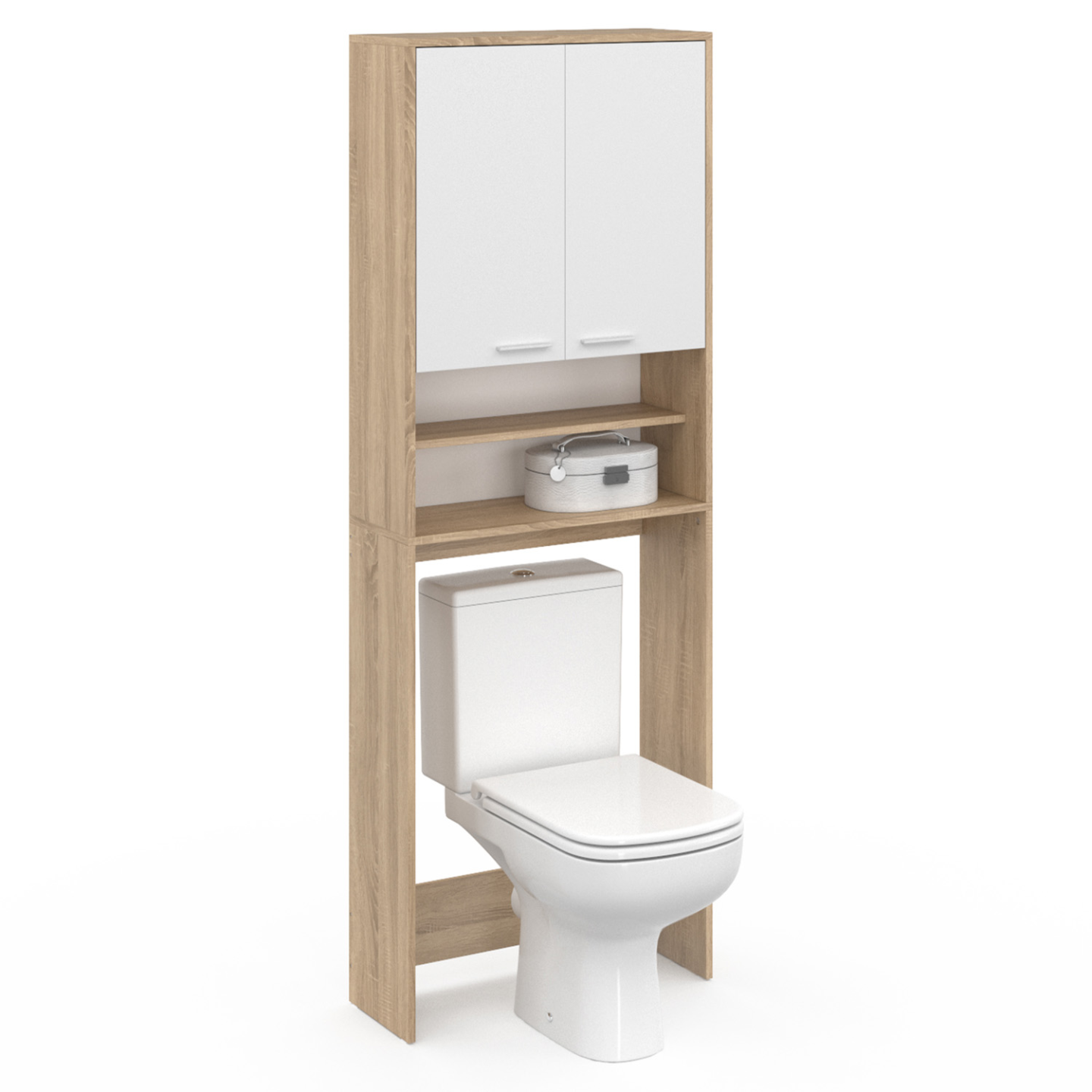 Meuble étagères de rangement dessus machine à laver et WC WALLIS blanc et hêtre - 5