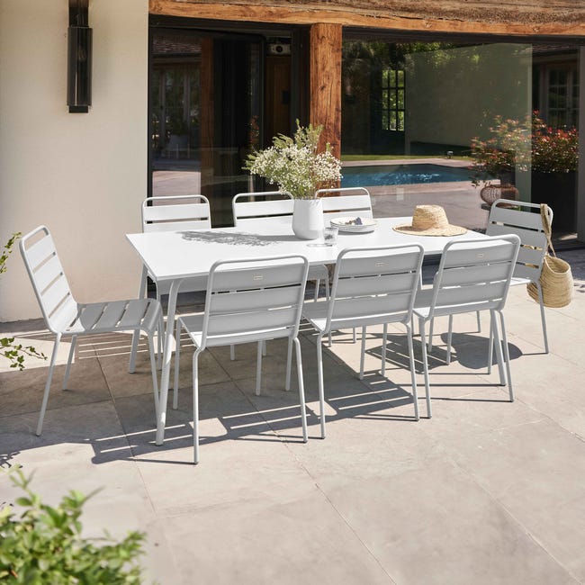 Oviala Set Giardino Palavas - Tavolo Rettangolare 180x90 Cm E 8 Sedie Impilabili In Acciaio, Grigio Antracite, Antiruggine