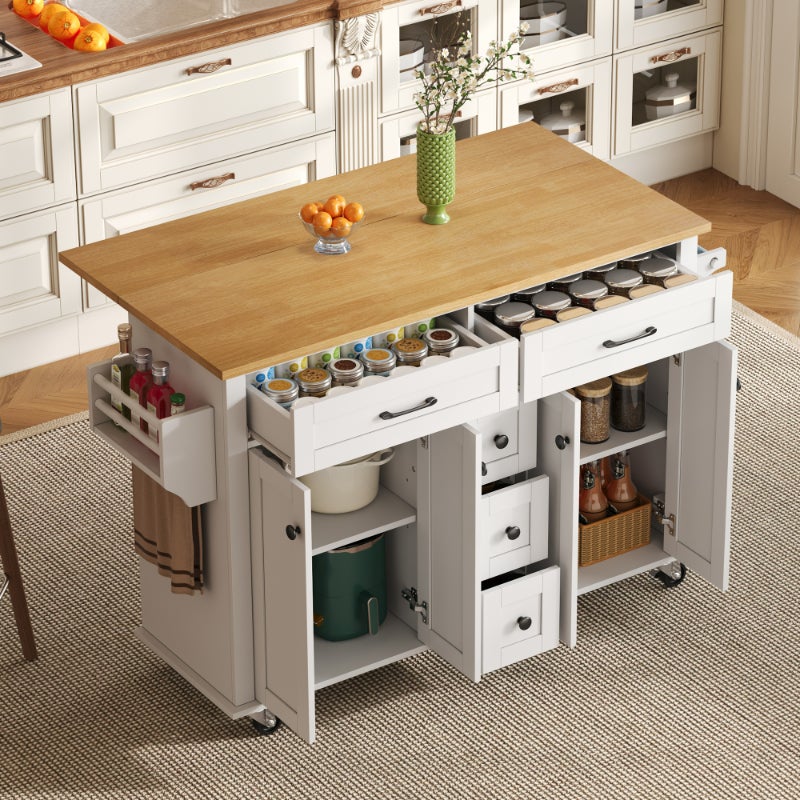 Carro de cocina multifuncional con superficie de trabajo plegable, 120x65 cm expandible, 5 cajones, soporte para especias y toallas, con ruedas