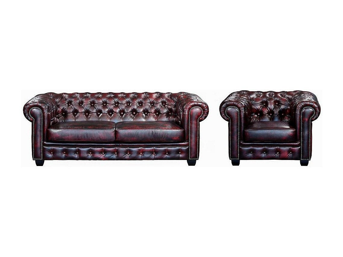 Kanapa BRENTON w stylu chesterfield 3+1 ze 100% bawolej skóry – Kolor wiśniowy