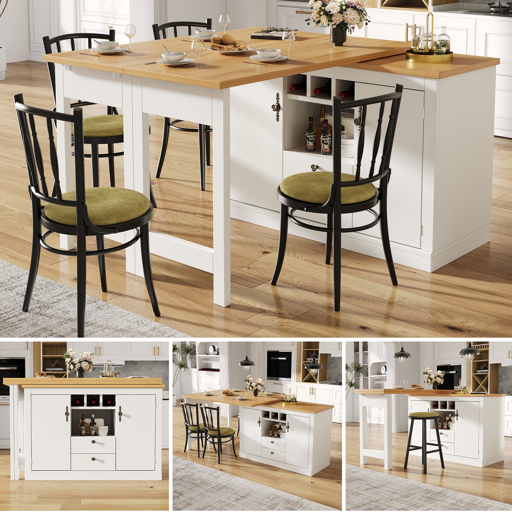 Table de salle à manger pivotan et extensible avec 2 portes et 2 tiroirs, îlot de cuisine - 120-180 x 40 x 71.5 cm - MDF - Blanc + naturel | Leroy Merlin