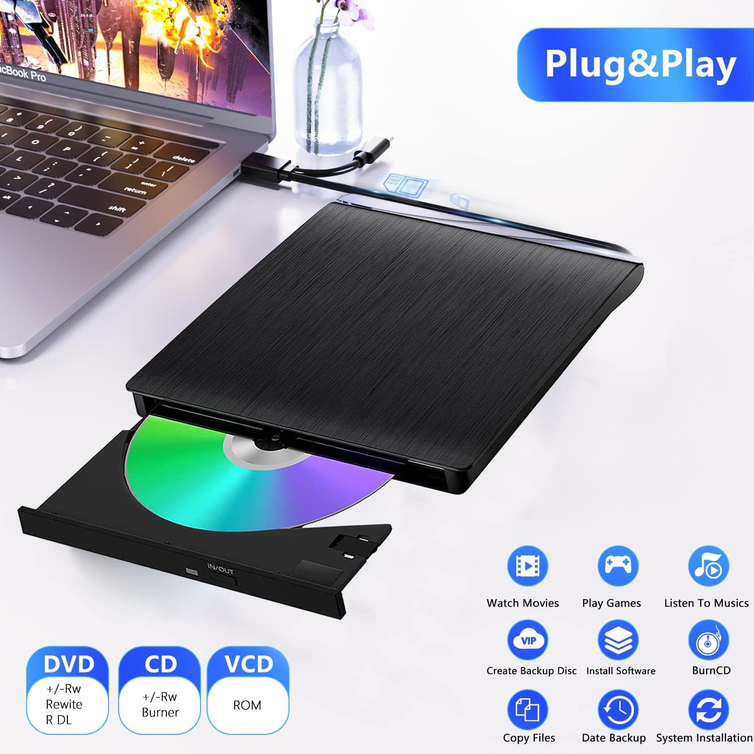 Lecteur CD/DVD Externe USB 3.0 et Type-C, Graveur DVD Portable pour PC/Laptop, Compatible Windows 11/10/8.6/XP/Linux/MacOS - 5