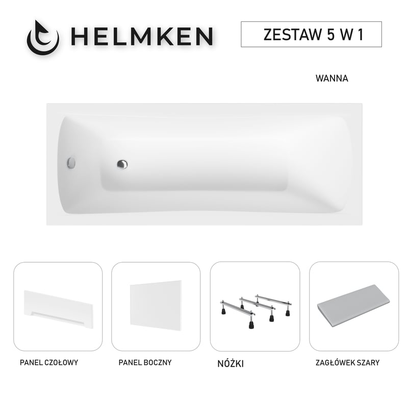 Wanna akrylowa Helmken Luna 140 х 70 + Panel czołowy i boczny Biały + Zagłówek szary + Nóżki / 23093001ZW