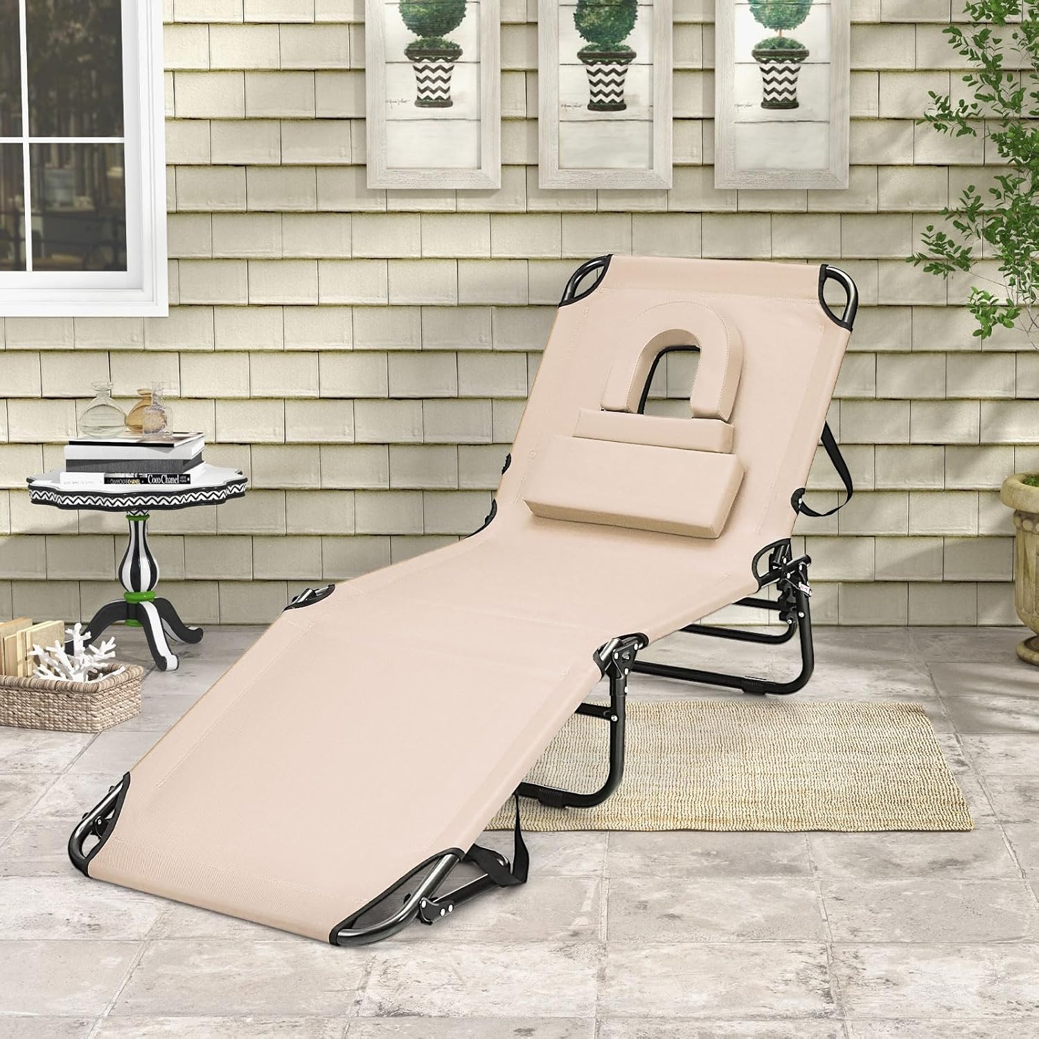 Cadeira de Sol Dobrável,Cadeira Comprida,3 Apoios de Cabeça Removíveis,Cadeira de Praia Reclinável,Encosto Regulável em 5 Posições,63x194x37cm,Bege - 9