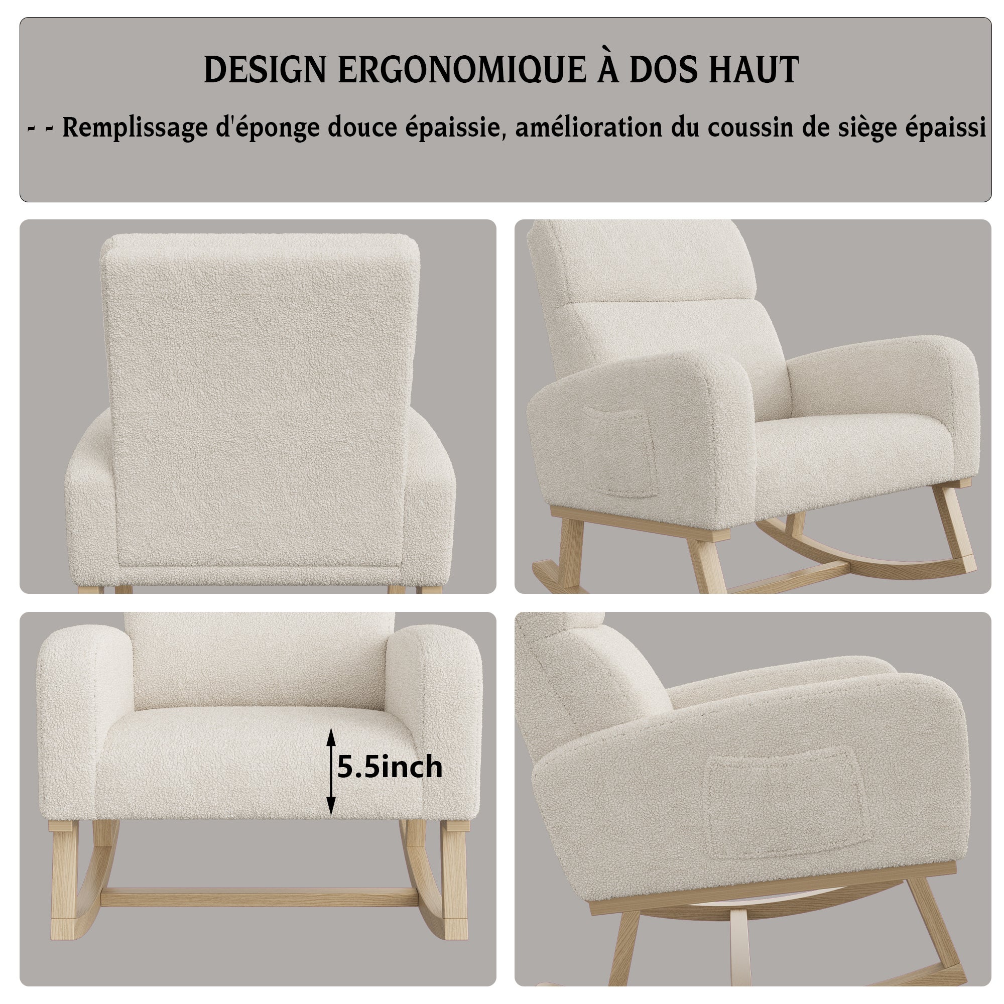 Fauteuil a Bascule, Chaise a Bascule Allaitement avec Poches Latérales et Base en Bois, Fauteuil Rocking Chair interieur extérieur pour Chambre, Beige - 6