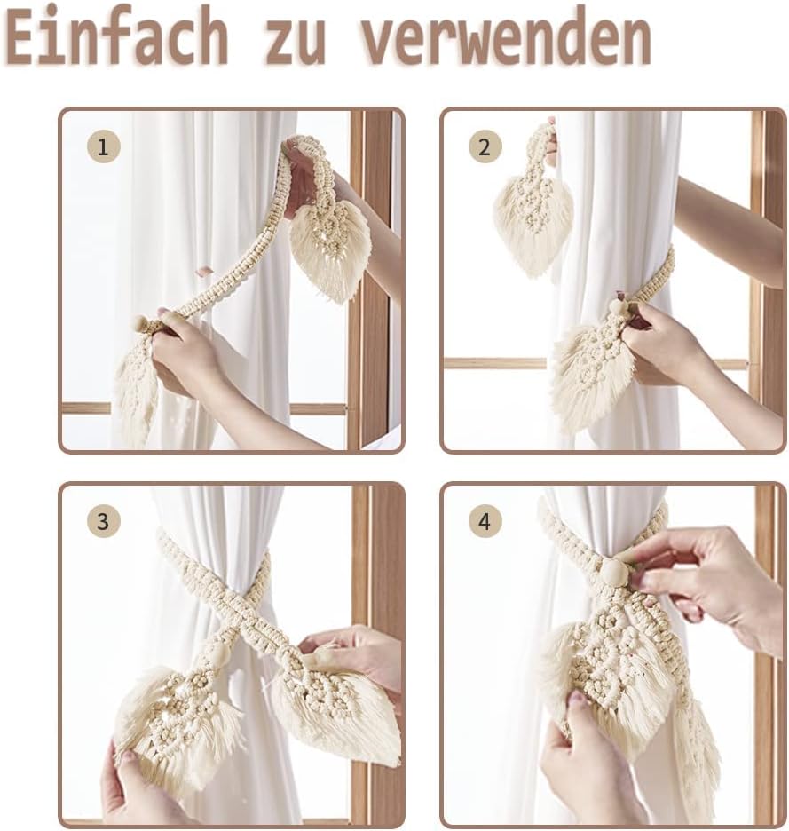 2 pièces porte-rideaux Boho, coton naturel, embrasses de rideaux en corde, faites à la main, attaches de rideaux tissées, Beige - 4