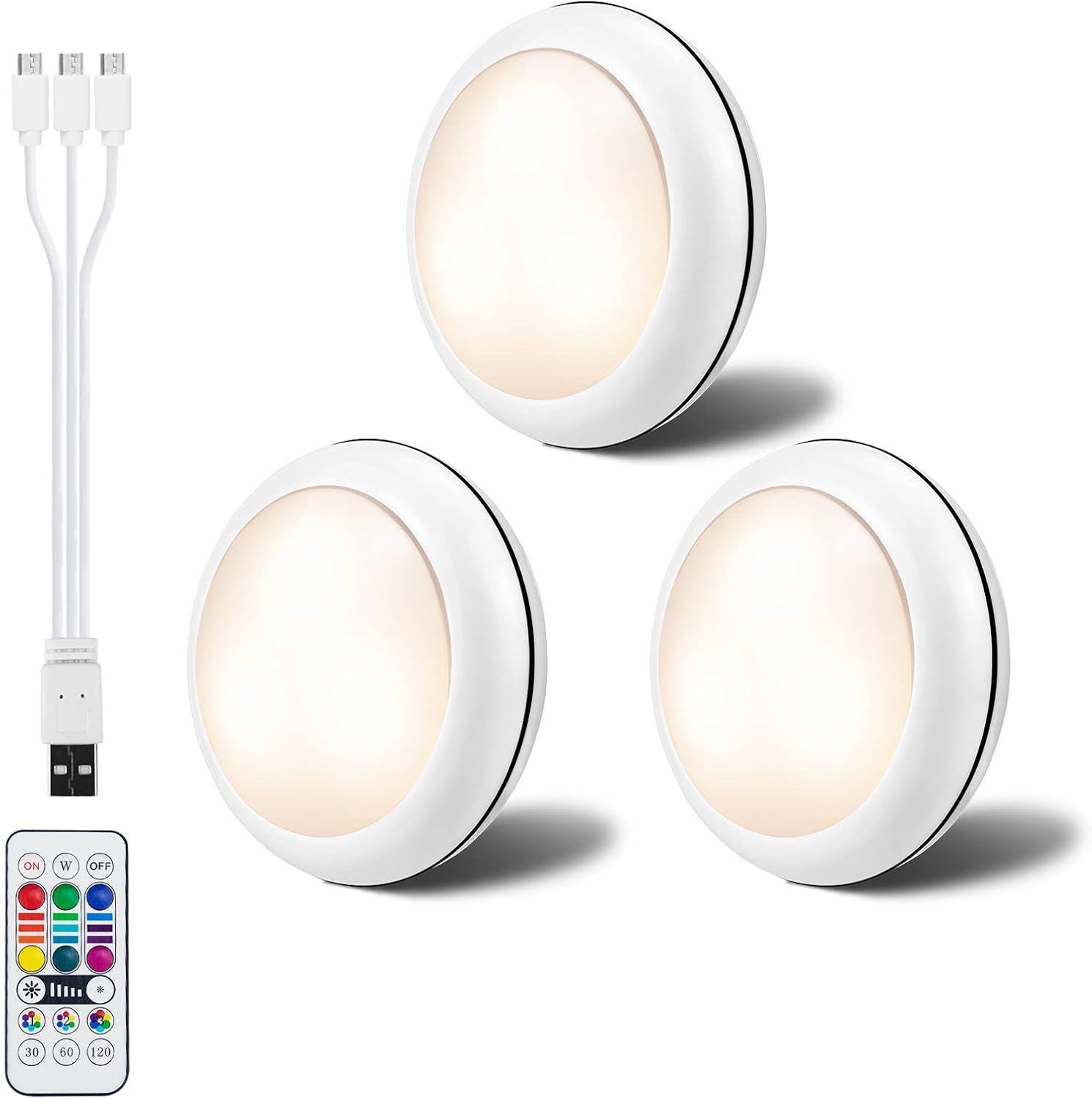 Zestaw 3 szt. Ładowane oświetlenie do szafki Spot Lights Bateria 1000 mAh 16 trybów kolorów Lampka nocna LED z pilotem do sypialni Szafa