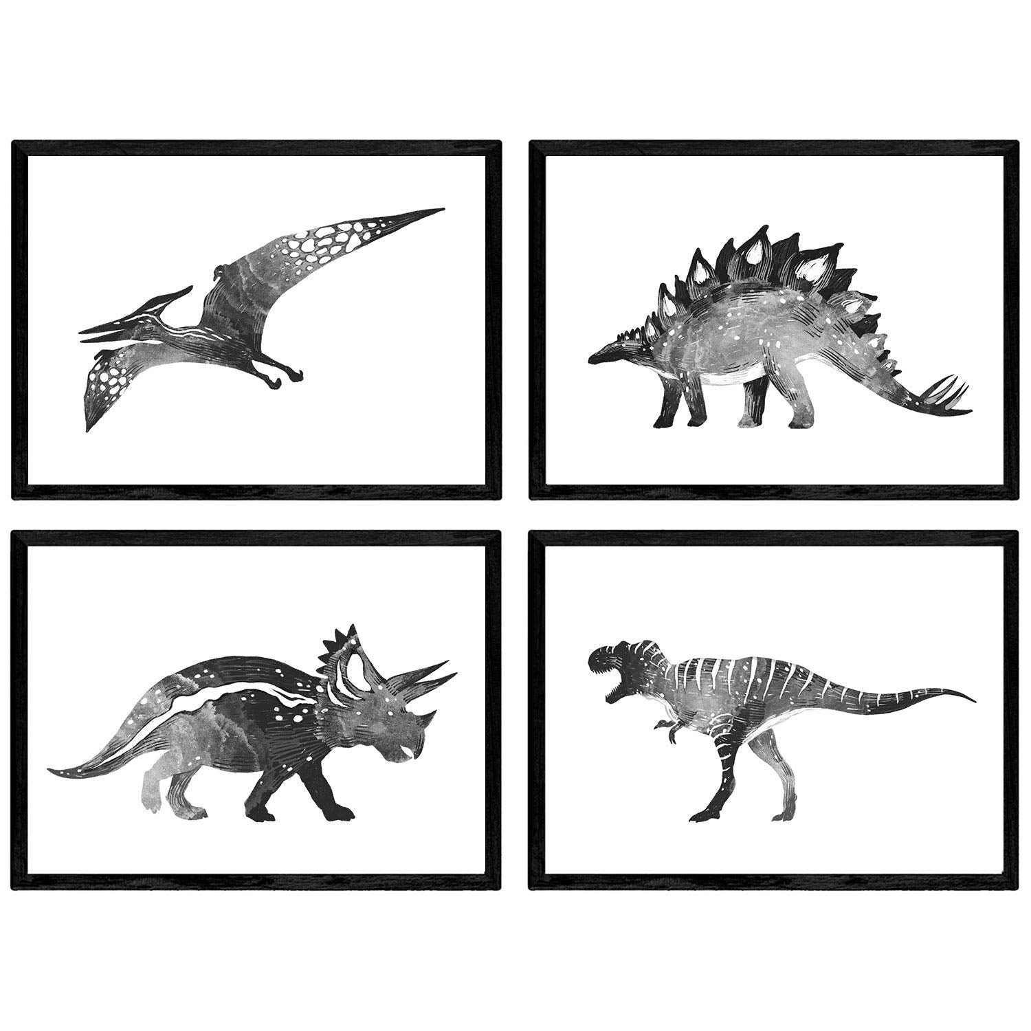 Pack de posters de dinosaurios blanco y negro. láminas de dinosaurios para ninos. sin marco - a4