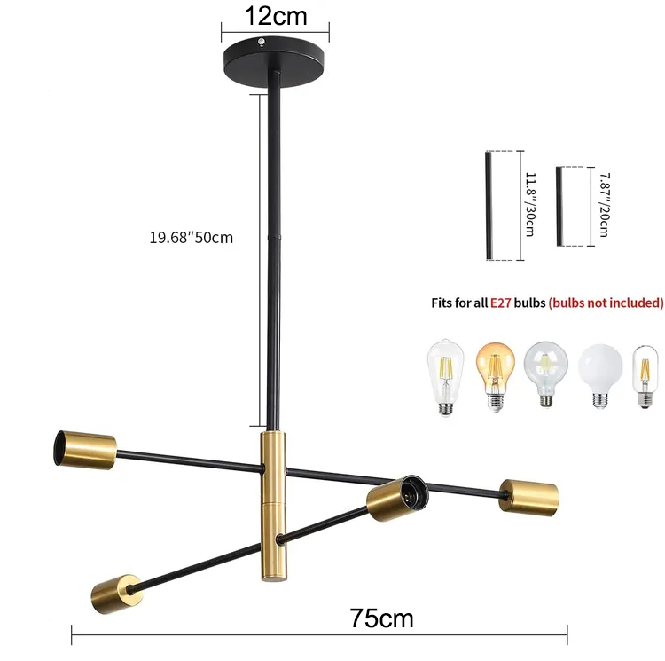 Żyrandol Sputnik, lampa wisząca 4-punktowa, lampa sufitowa w stylu retro industrial, nowoczesny żyrandol, czarno-złoty (bez białej żarówki) - 4