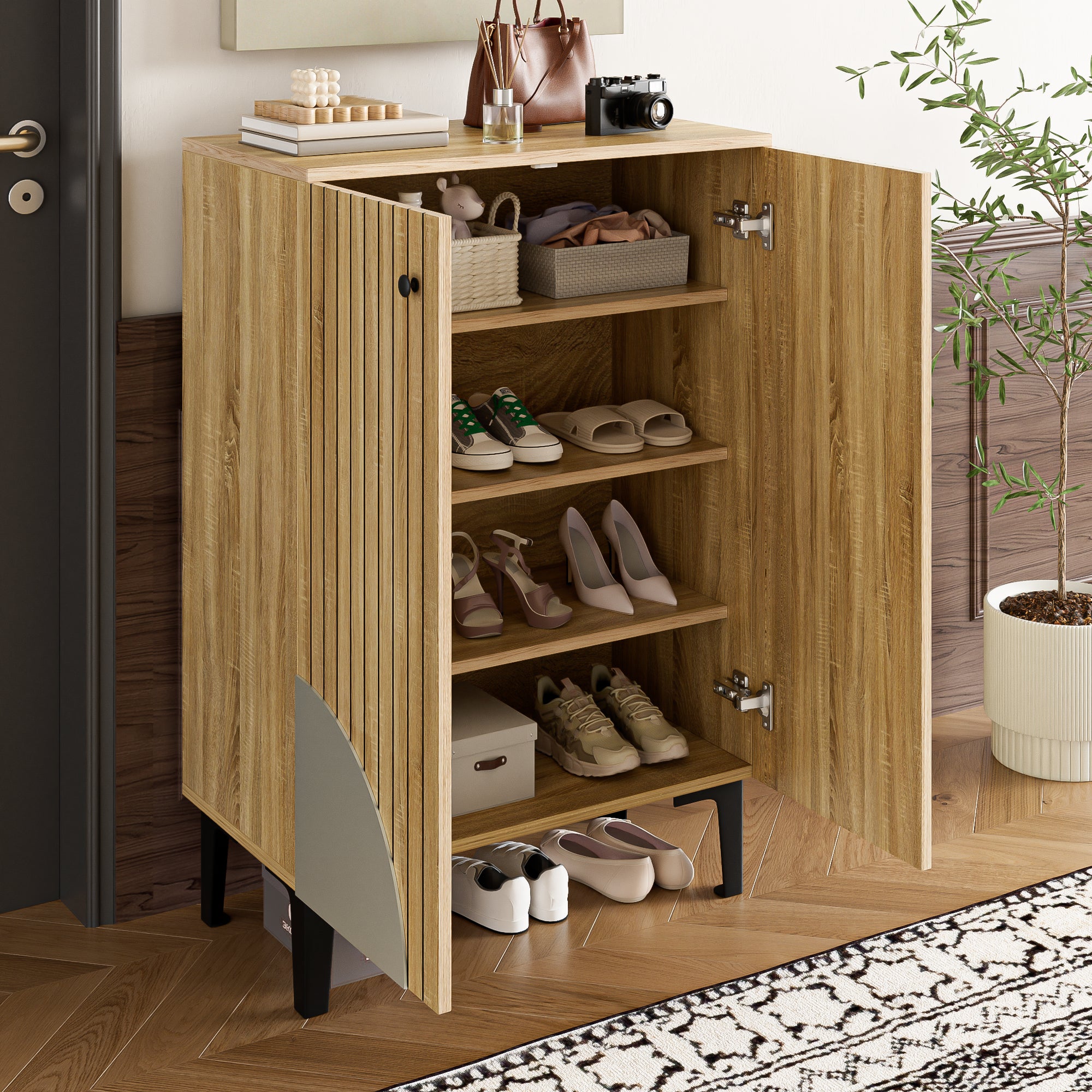 Meuble à chaussures avec 2 portes et 4 étagères - 60 x 32 x 94 mc - MDF et panneaux de particules - Naturel - 8