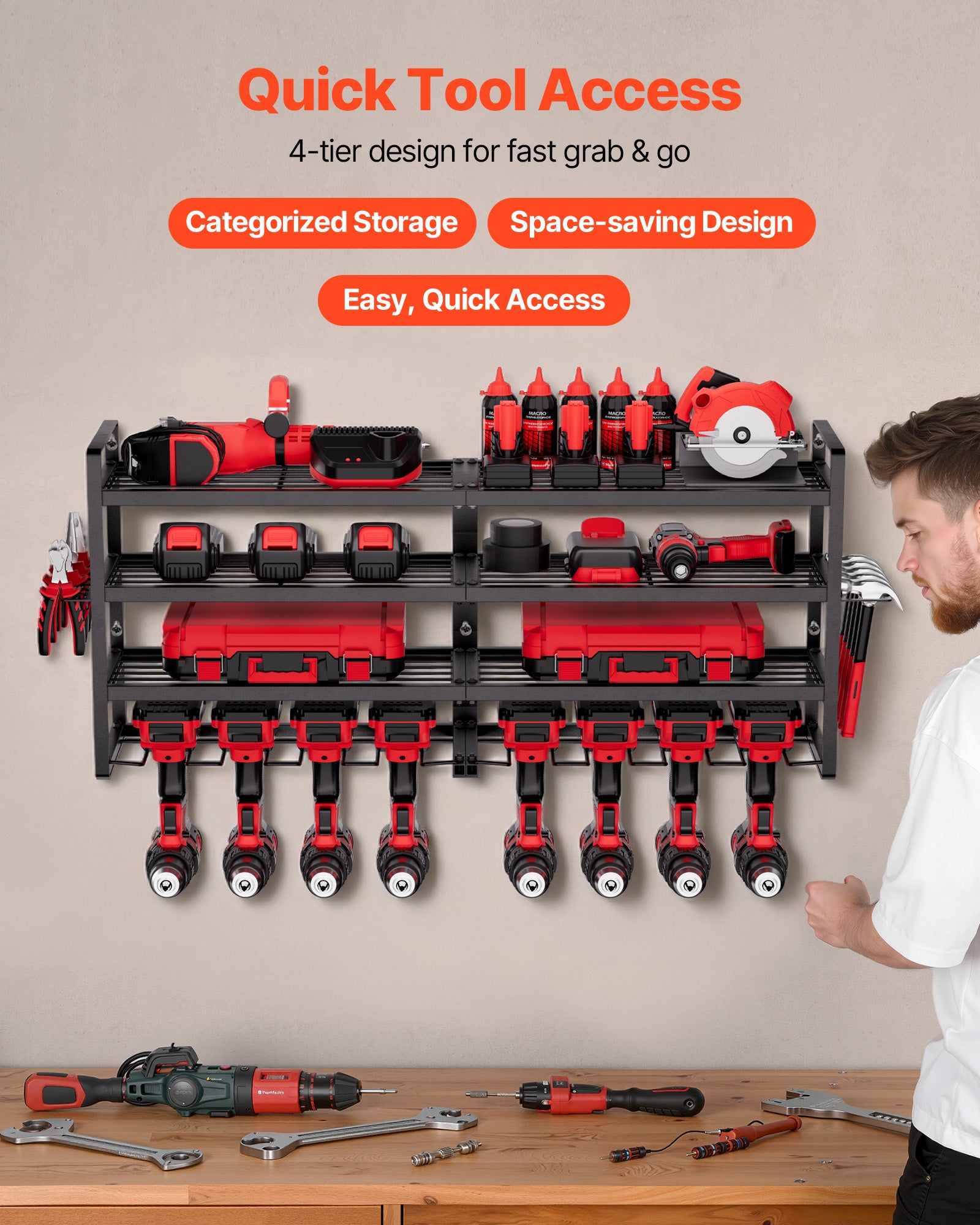 Organiseur mural VEVOR pour outils électriques, support rangement à 4 niveaux avec 8 emplacements, support tournevis, pour garage, établi et atelier - 2