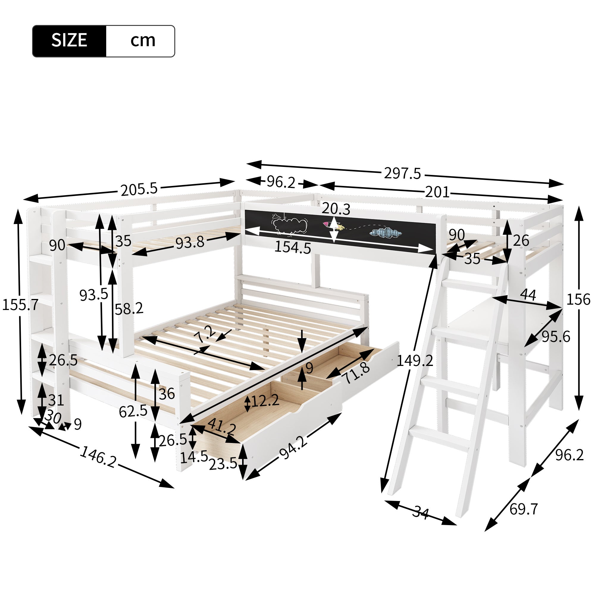 Lits superposés 140 x 200 cm + 2 x 90 x 200 cm avec bureau et 2 tiroirs - Bois massif - Blanc(sans matelas) - 5