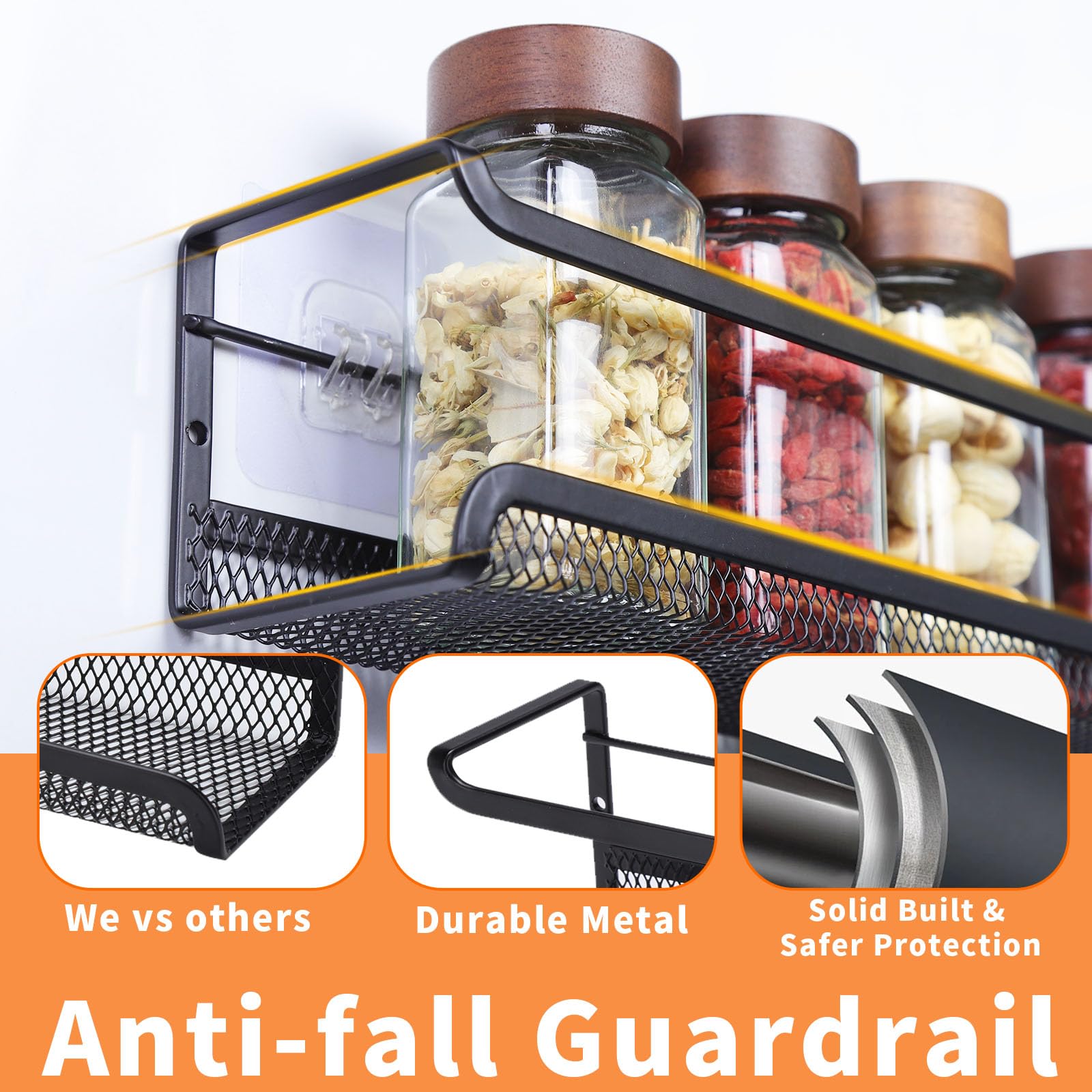 Étagère à épices murale, 4 étagères à épices en métal, sans perçage, à suspendre, pour mur ou porte de placard de cuisine - 5