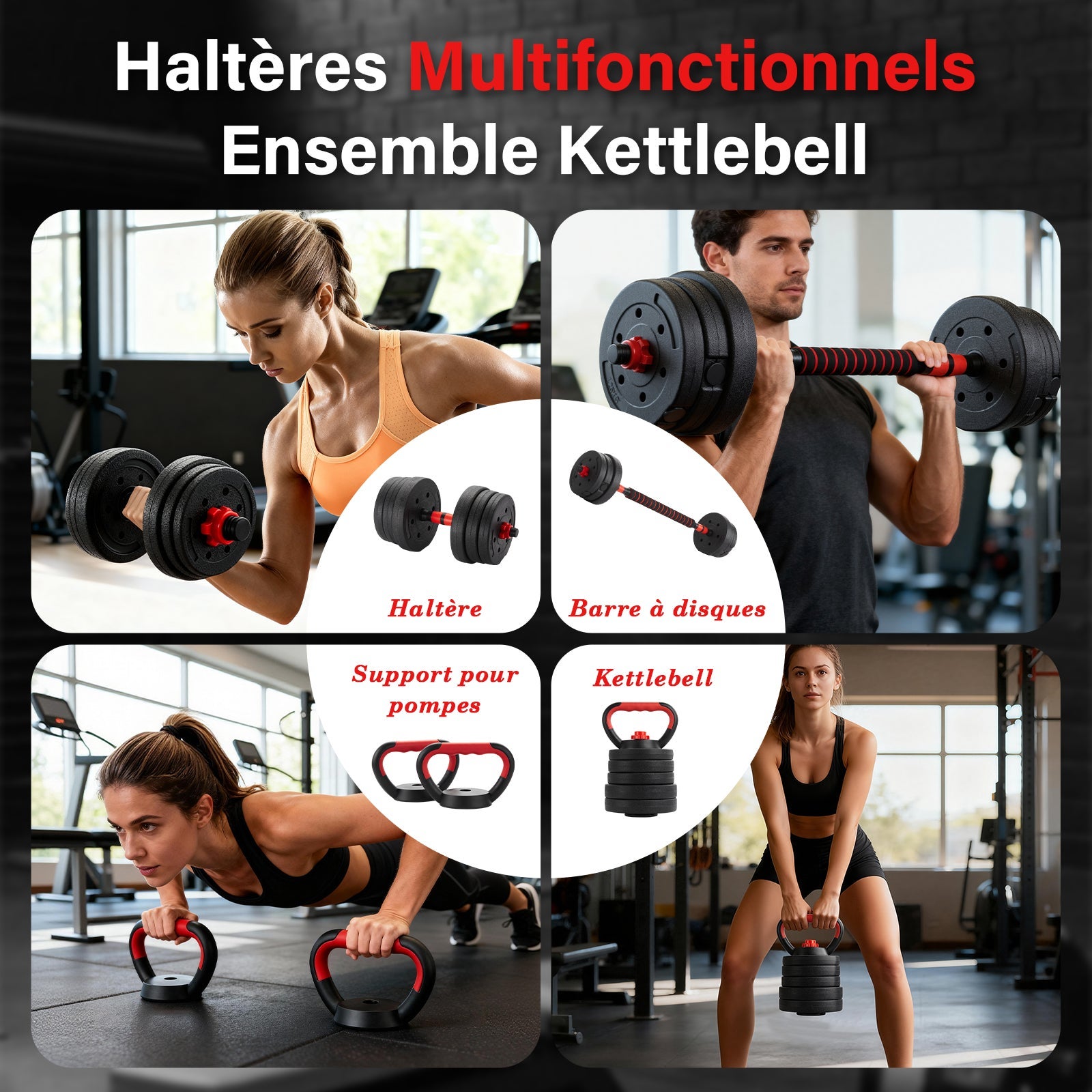 TEENO Ensemble d'haltères réglables 5 en 1 de 20 kg, comprenant des kettlebells, des haltères, une barre et un support pour pompes - 2