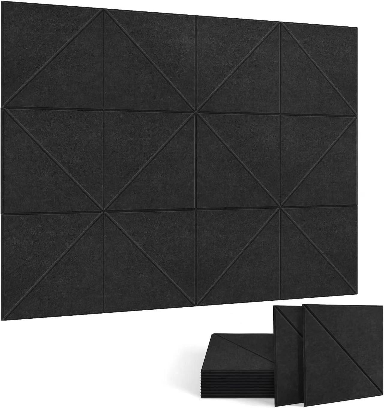 Zestaw 12 samoprzylepnych paneli akustycznych, wyściółka dźwiękochłonna z poliestru, panele ścienne o wysokiej gęstości, 30 x 30 x 1 cm, czarne