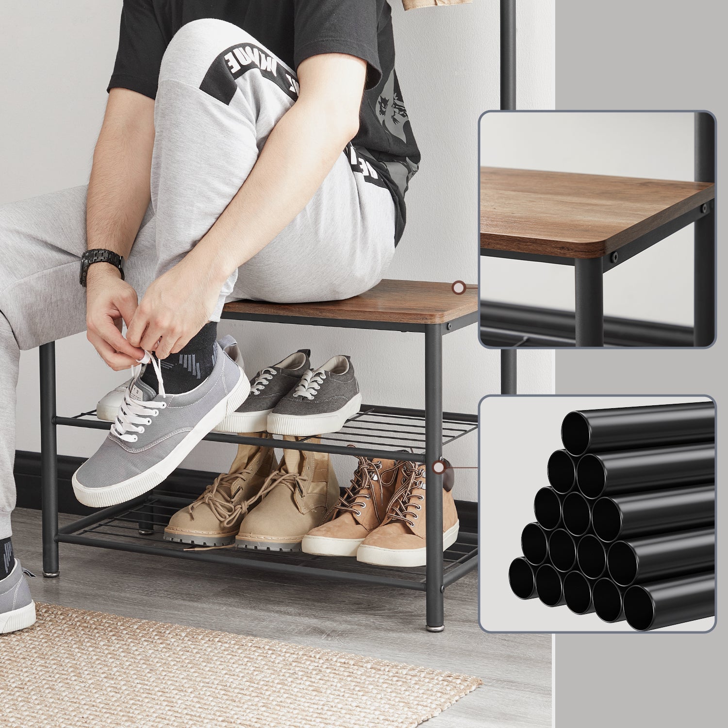 Portemanteau, 32 x 70 x 175 cm, Vestiaire avec Banc de Rangement pour Chaussures, Style Industriel, Marron et Noir - 3