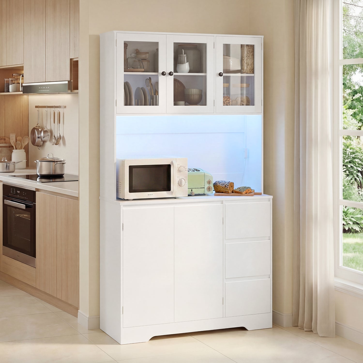 Meuble de rangement cuisine haut blanc,180 cm,avec portes vitrées,avec 3 tiroirs et 5 portes et compartiments - 9