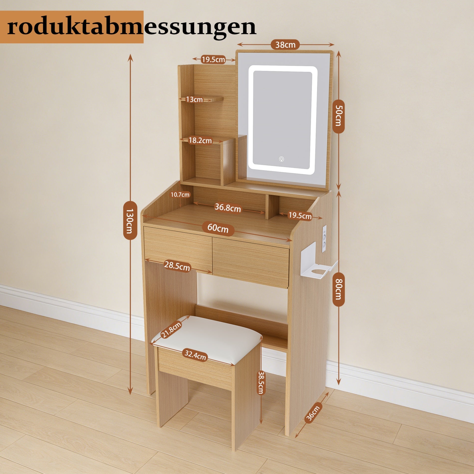 Coiffeuse avec miroir éclairé par LED, support pour sèche-cheveux et tabouret rembourré – Table compacte,L60 × H130 × P36 cm, finition bois naturel - 2