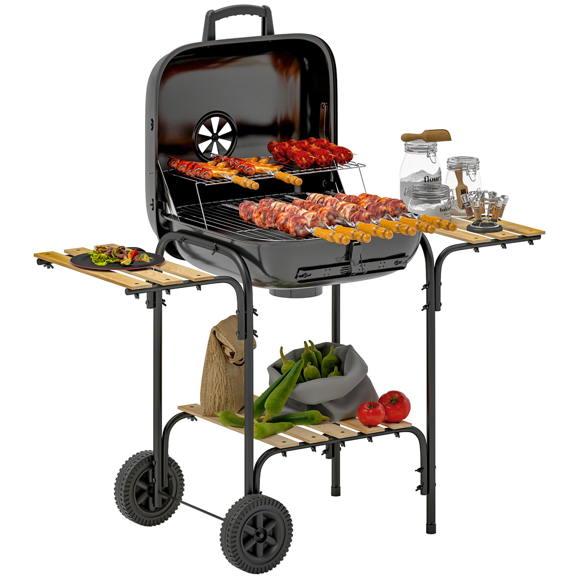 Barbecue charbon de bois chariot de cuisson avec surface de cuisson — free download
