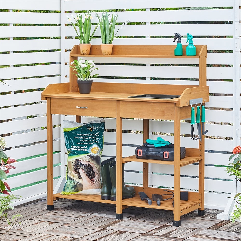 Table de Jardinage en Bois avec Évier Amovible, Tiroir, Crochets et Étagères de Rangement, Couleur Bois Yaheetech - 3