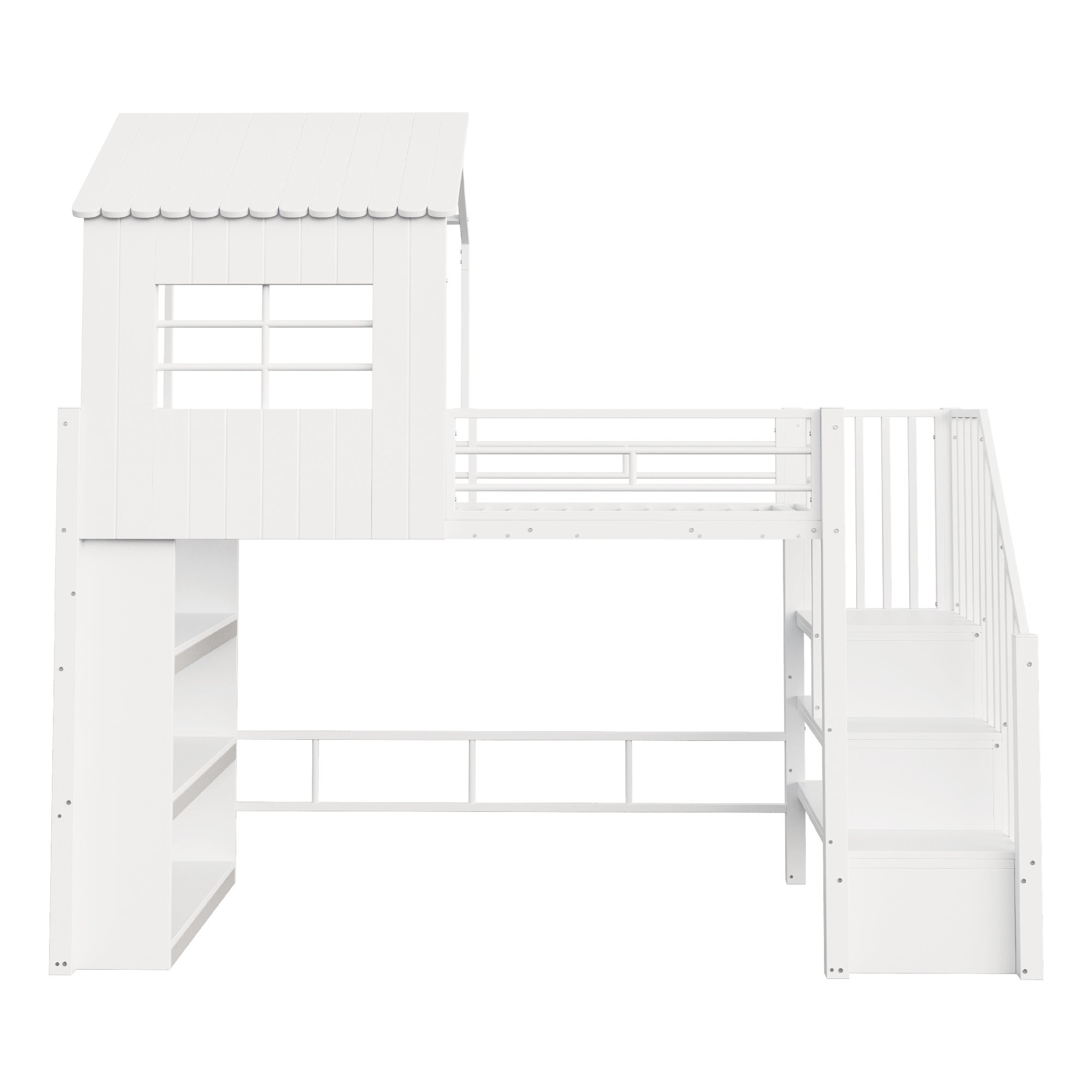 Lit mezzanine 90x200,conception de maison,Lit enfant avec espace de stockage et grille haute protection,Escaliers installables à gauche/droite,Blanc - 8