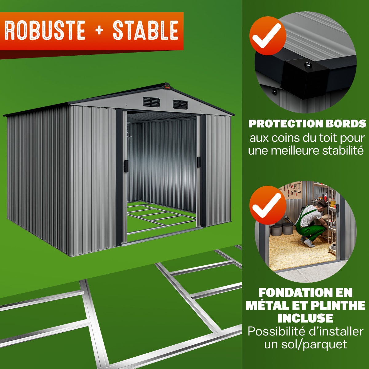GARDEBRUK® Abri de jardin métal XXL 5m² fondation 260x205x180cm porte coulissante gris-métallique cabane de jardin cabanon de jardin 9m³ - 7