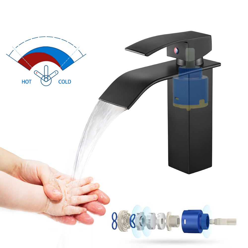 Mitigeur Lavabo Cascade Robinet pour Lavabo/Vasque+Bonde de Lavabo Bonde Pop-up avec Trop-plein Automatique Universelle,Noir - 6