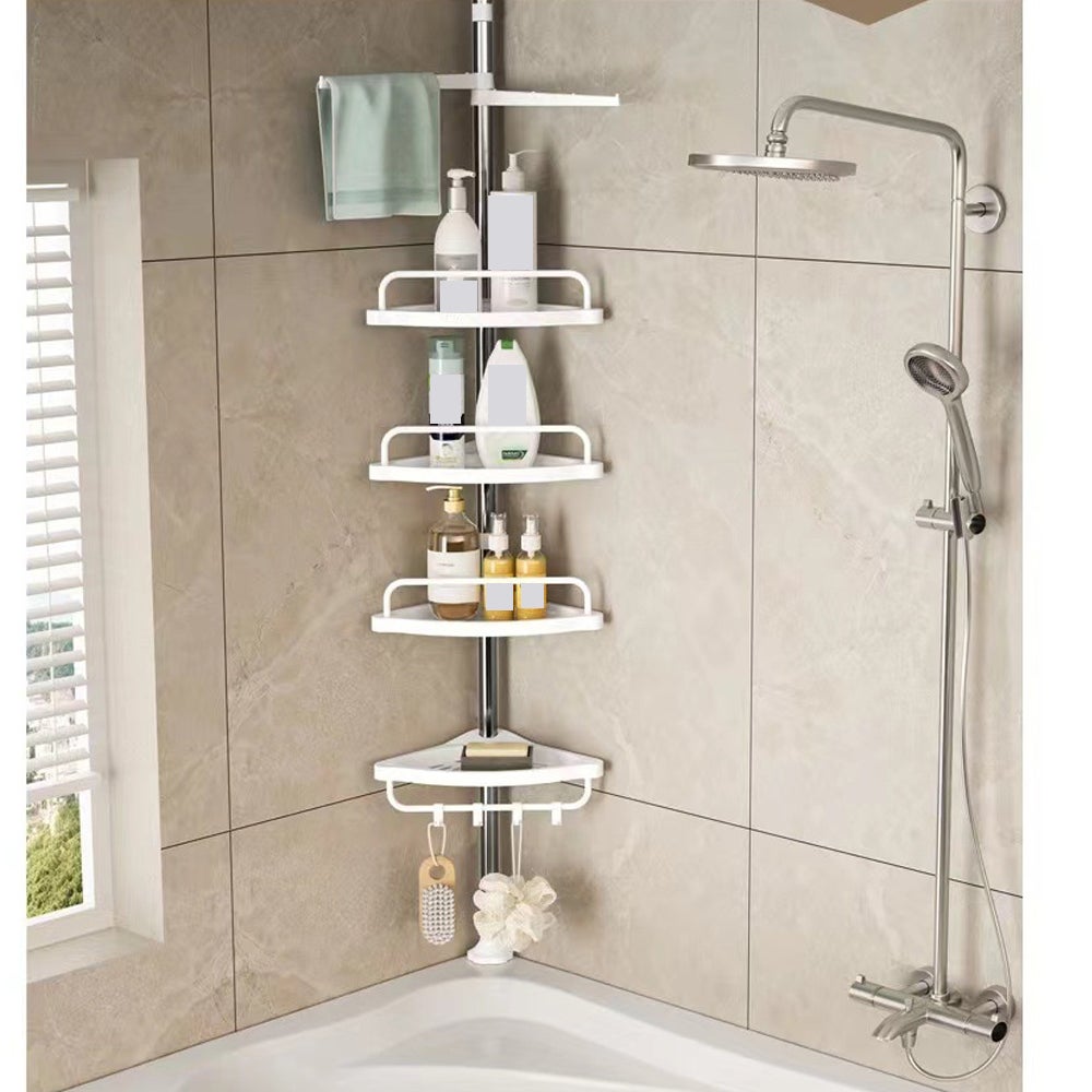 Étagère de douche d'angle en métal, réglable en hauteur, sans perçage, avec 4 paniers et 2 barres porte-serviettes pour baignoire, 95-250 cm, blanc - 4