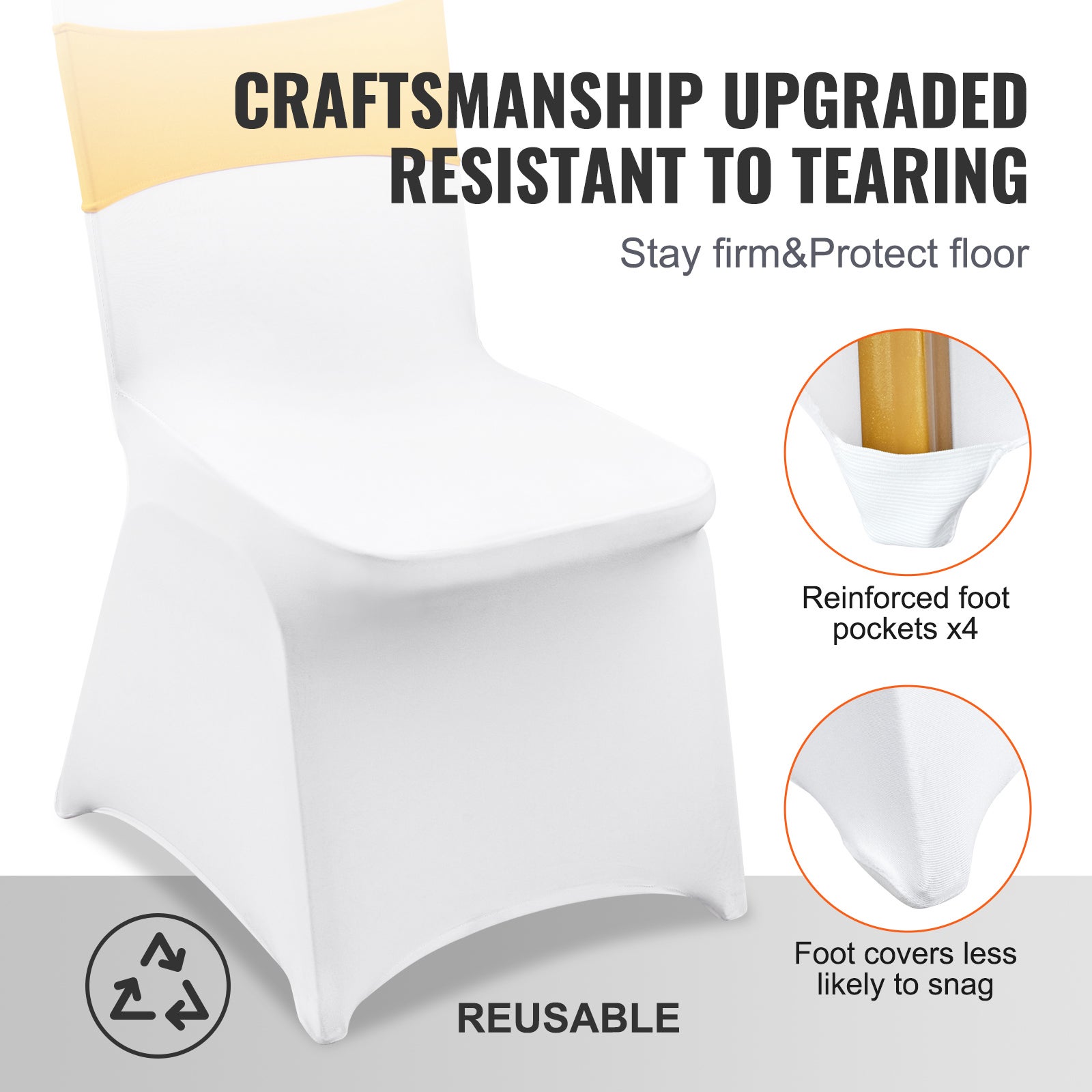 Housses de chaise extensible,SucceBuy ajustement universel avec ceintures de chaise,amovibles et lavables,lot de 50 housses dorées et blanches - 7