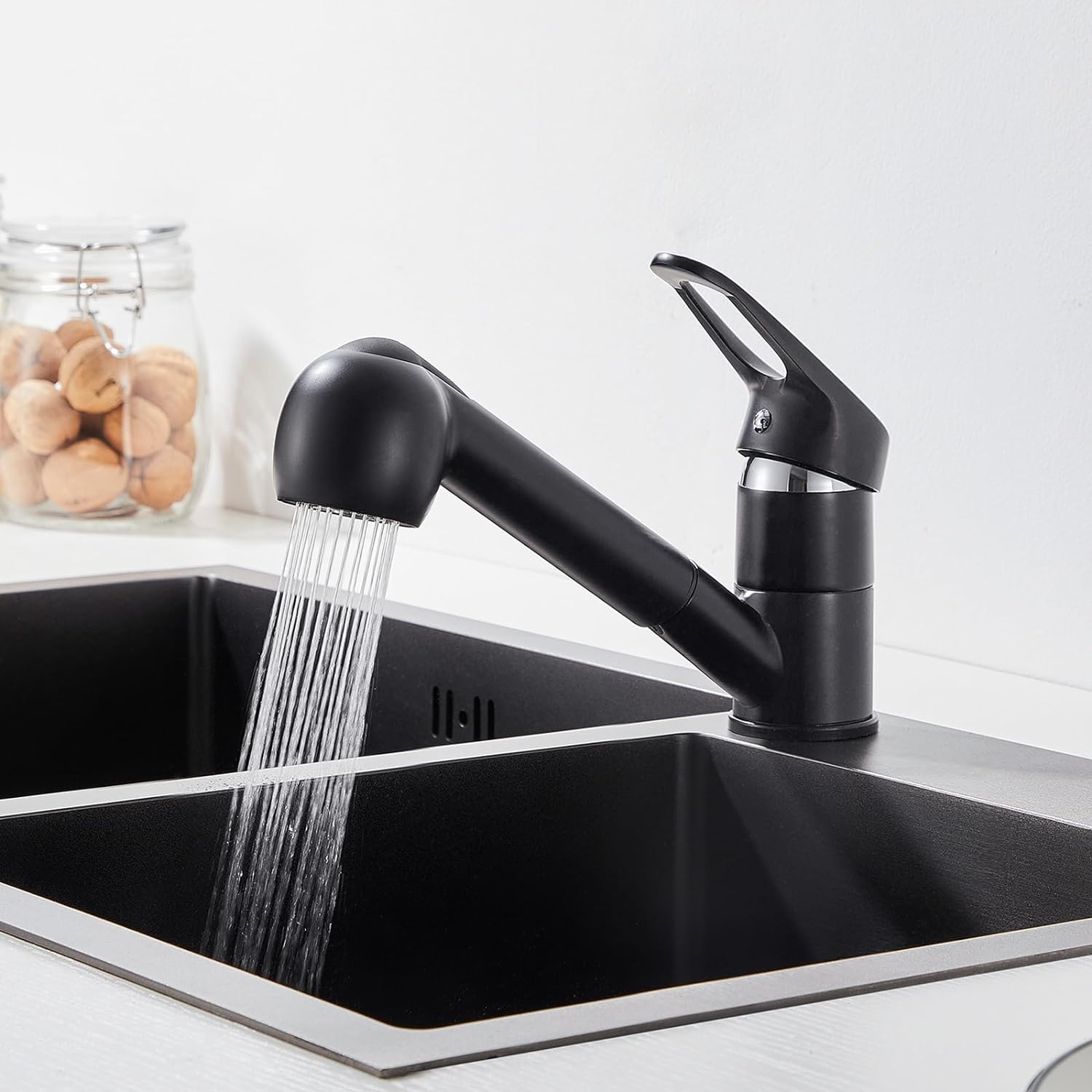 Robinet de Cuisine avec Douchette Extractible 2 Jets Mitigeur Évier à 360° en Laiton Robinetterie avec Monotrou L'eau Froide et Chaude, Noir - 6