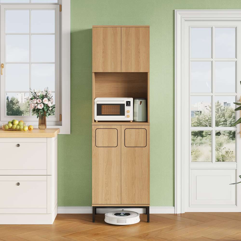 Armario cocina 181cm roble-negro, compartimento basura integrado, hueco microondas, nicho aspirador robot – aprovecha el espacio vertical