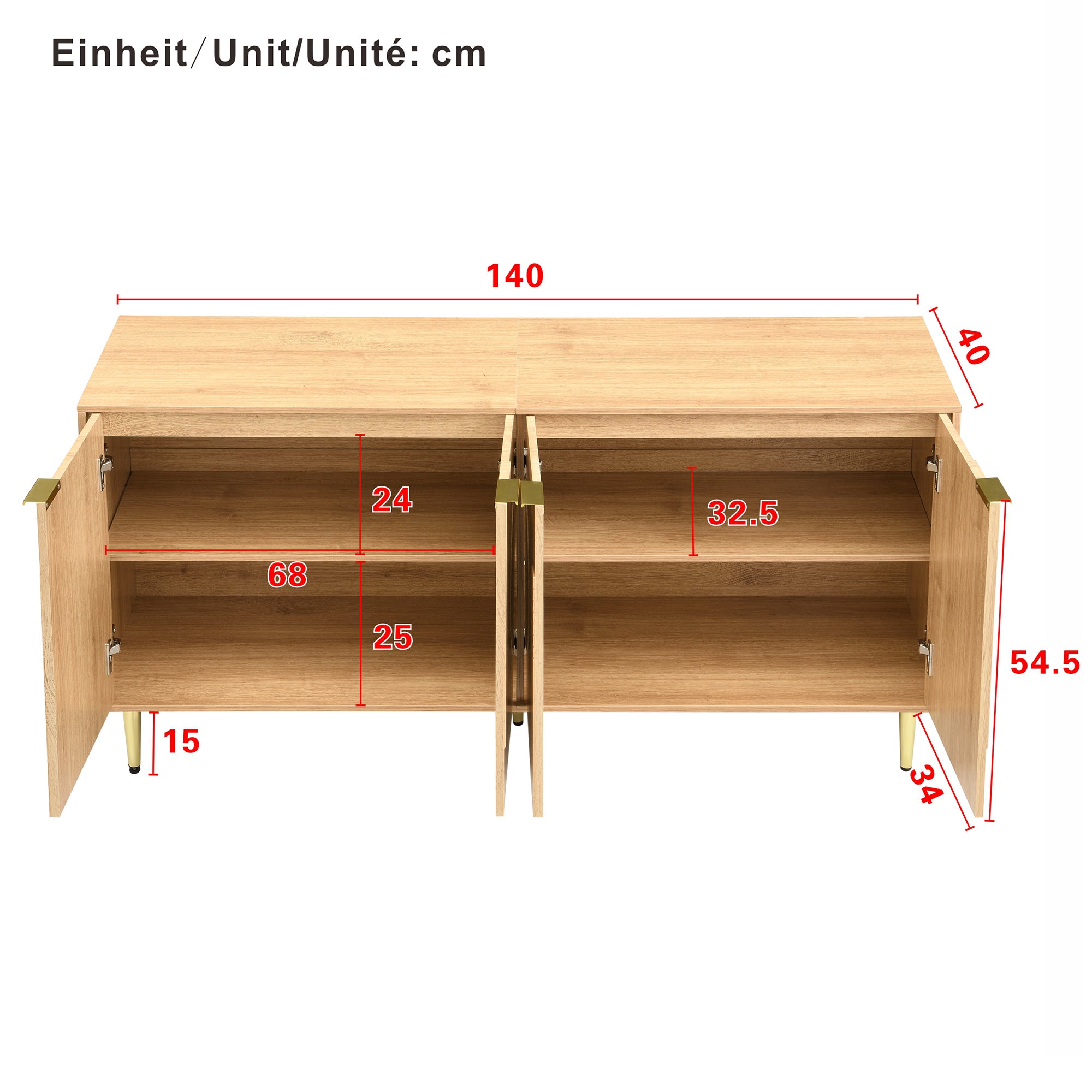 Buffet moderne 140x40x72 cm - 4 portes - Finition bois - Étagères réglables - Pieds en métal - MDF - Naturel - 6