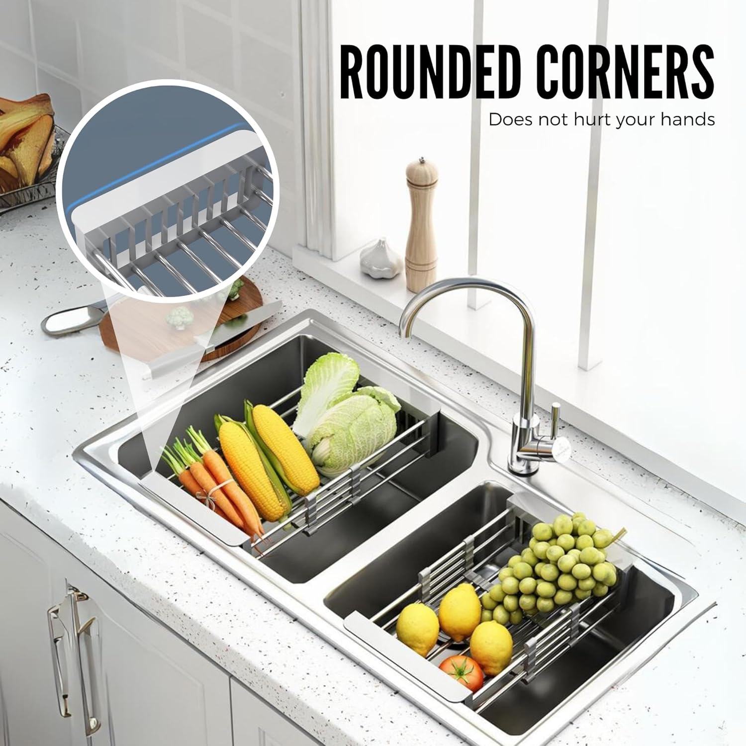 Wysuwany ociekacz ze stali nierdzewnej do zlewu, do suszenia sztućców i naczyń, ociekacz na owoce, szary, 28 x 17 x 9 cm