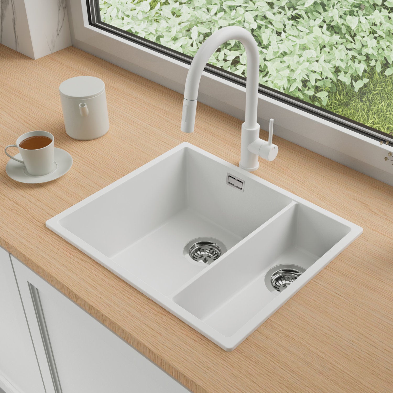 Zlewozmywak Granitowy 56x47cm, do szafki od 60cm + Bateria + Syfon - Agate Biały STONESTYLE